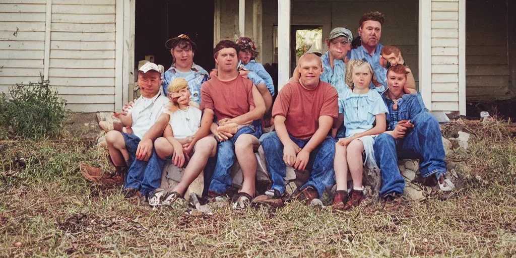 Prompt: close up portrait of white redneck family sitting on front porch of dilapidated house, kodak gold 2 0 0,