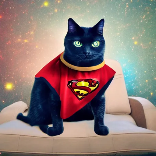 Image similar to a cat wearing superman cape, a red cape floating through galaxies of space on a recliner chair, cosmic rays, dramatic lighting, spirals galaxies