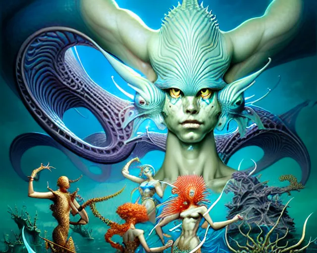 Image similar to the army of merfolk, ocean, fantasy character portrait made of fractals facing each other, ultra realistic, wide angle, intricate details, the fifth element artifacts, highly detailed by peter mohrbacher, hajime sorayama, wayne barlowe, boris vallejo, aaron horkey, gaston bussiere, craig mullins