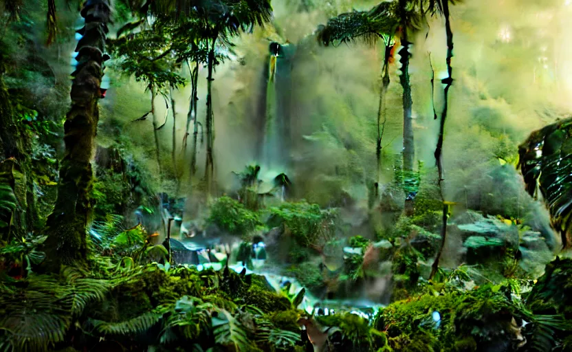 Prompt: a beautiful render of a dark prehistoric rainforest, lush flora, patches of yellow sky, dark green leaves, dark shadows, mountains and a waterfall in the background, intricate detail, hazy, humid, volumetric lighting, 8 k, photorealistic, raytracing effects, unreal engine 5