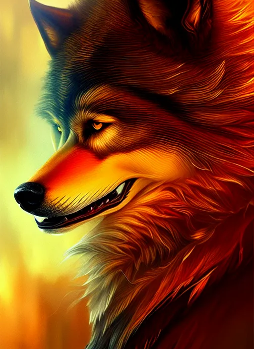 Image similar to bipedal golden wolf, sharp fangs, fiery eyes, highly detailed, deep focus, elegant, digital painting, smooth, sharp focus, illustration, ultra realistic, 8 k, art by wlop