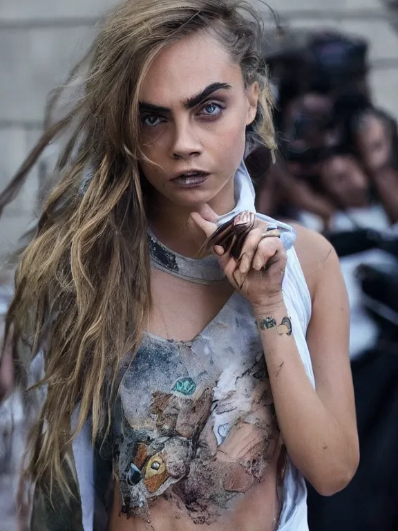 Image similar to hyperdetailed close shot of cara delevingne, winds of winter, with ripped crop t - shirt, fine - face, pretty face