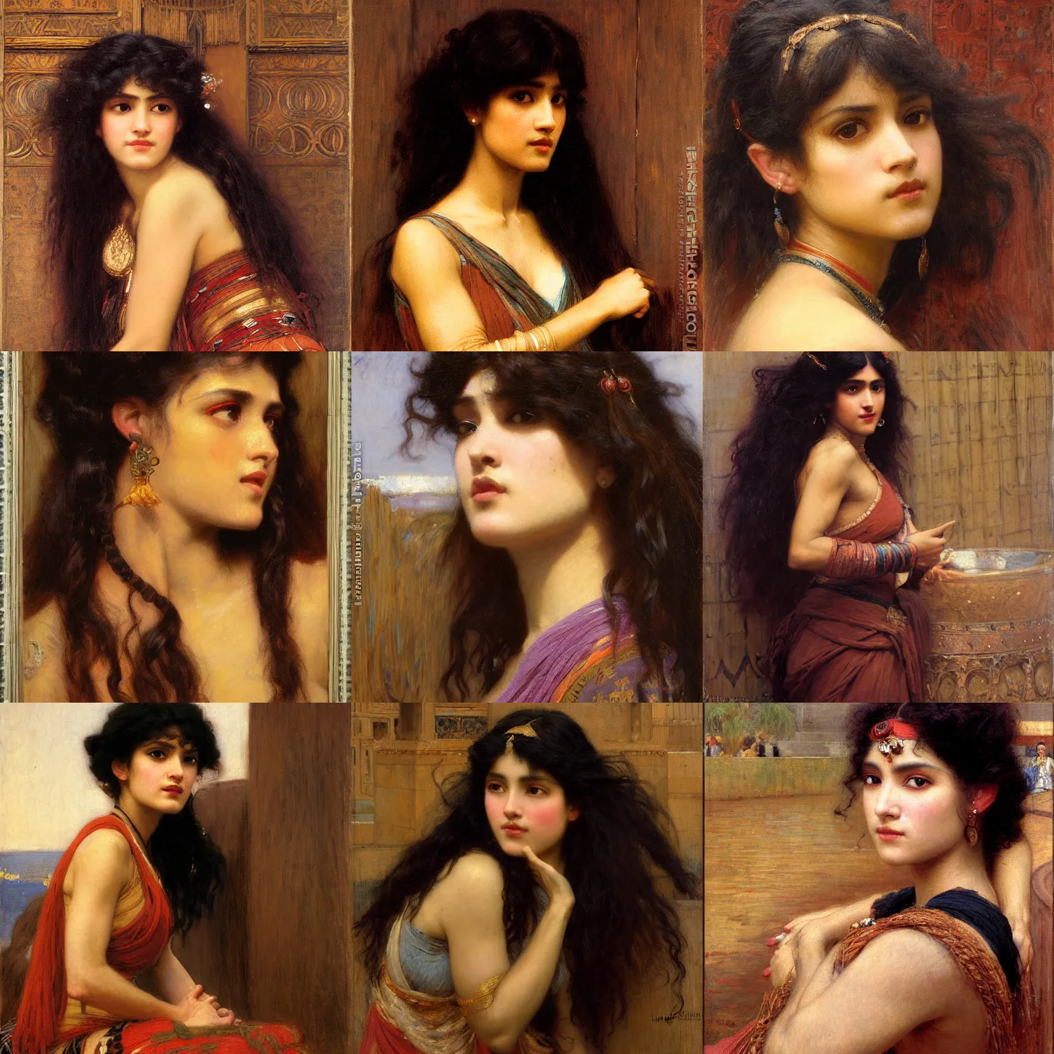 Image similar to orientalist painting of bangs, curly black hair woman with brown skin portrait by john william waterhouse and Edwin Longsden Long and Theodore Ralli and gaston bussiere. Cinematic, hyper realism, dramatic lighting, high detail 8k