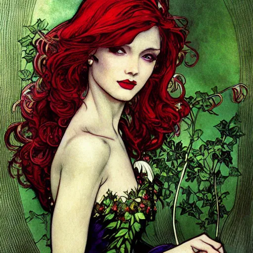 Image similar to a beautiful painting of poison ivy dressed as a lawyer in the big city, dark eyeliner, intricate, elegant, highly detailed, digital painting, artstation, concept art, matte, sharp focus, illustration, art by rebecca guay and by arthur rackham and by alphonse mucha and by john william waterhouse