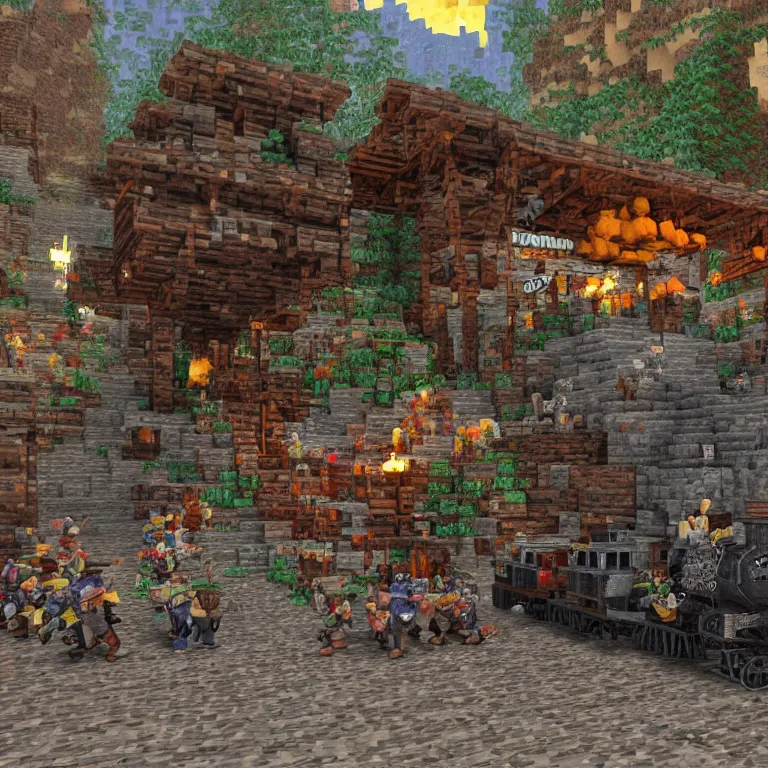 Prompt: a subterranean taco bell with a railroad backed up with bedraggled dwarves coming in for dinner riding in minecarts