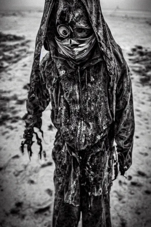 Image similar to the grotesque masked face of the watcher standing in a post apocalyptic wasteland, epic scene, dark, wet, dismal, grotesque mask, horror vibe, twilight, dark, dusk, stormy, black and white, atmospheric, moody lighting, grainy, gritty, epic