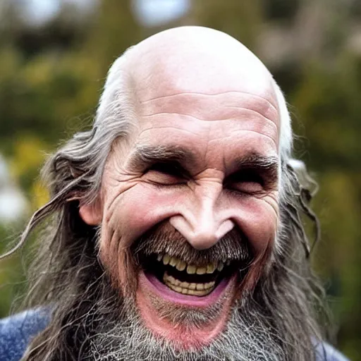 Prompt: christian bale as an old druid wizard, bald, bushy grey eyebrows, long grey hair, disheveled, wise old man, wearing a grey wizard hat, wearing a purple detailed coat, a bushy grey beard, sorcerer, he is a mad old man, laughing and yelling