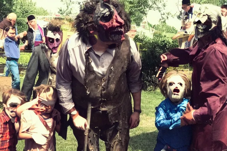 Image similar to leatherface at a kids birthday party, realistic, real life