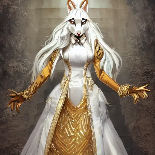 Image similar to full body shot of a female anthro furry wolf princess fursona with white hair wearing a white and gold dress in a white and gold palace, by Wlop and jerry park, artstation, detailed