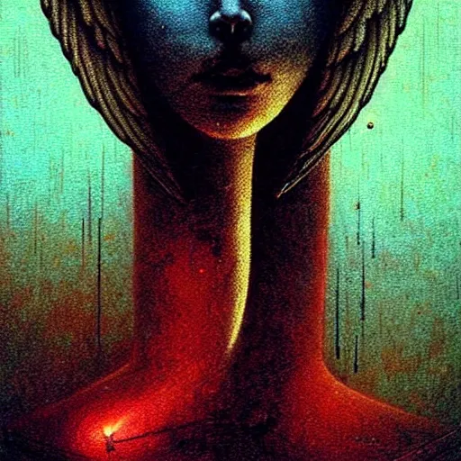 Image similar to angels by beksinski and tristan eaton, dark emotional neon cyber trimmed beautiful dystopian digital art