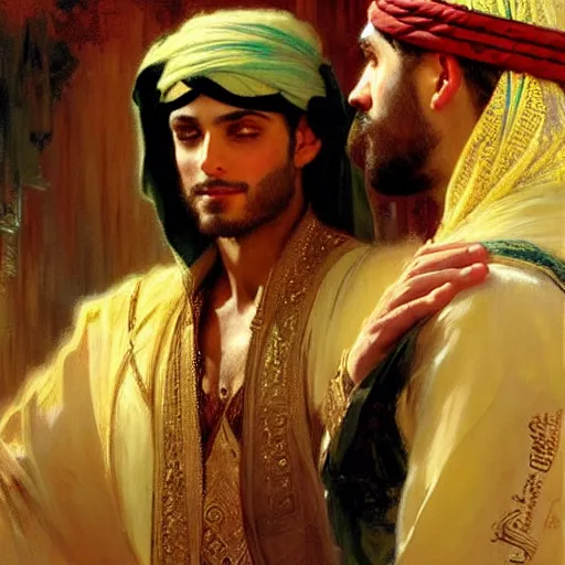 Prompt: attractive arab king confesses his love for his attractive male prince. highly detailed painting by gaston bussiere, craig mullins, j. c. leyendecker