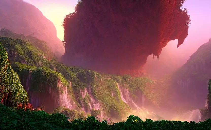 Prompt: a beautiful and stunning digital render of a humongous diamond cave, vines, haze, waterfall, volumetric lighting, hyperrealistic, red, green, blue sky, sunset, unreal engine 5, ultra detail, trending on artstation