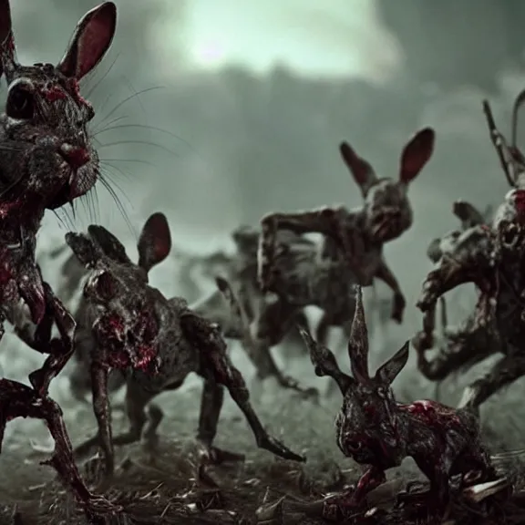 Image similar to a dark battle of decaying zombie rabbits infected with the T-virus, film still