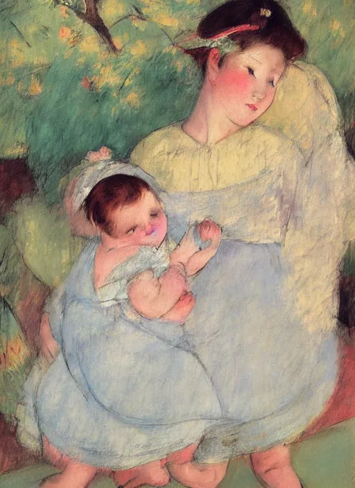 Prompt: vintage beautiful painting of the lullaby in a winter colour palette in Mary Cassatt style