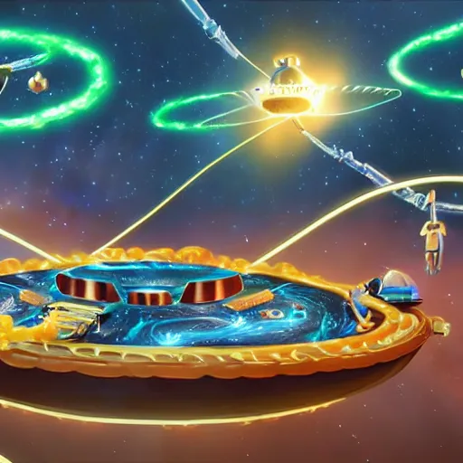 Prompt: a galactic enterprise of aliens boarding a ship of ranch and cheese while roping each other in on an adventure of ecstasy, 4 k, excellent detail, high detail, high quality, digital art, fueled by caffeine