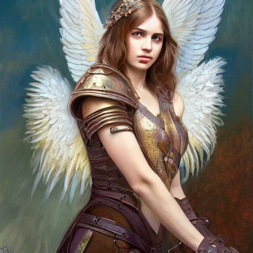 Image similar to portrait of young aasimar angel girl maiden wearing comfy leather armor with beautiful feathered angel wings, cute face, brown eyes, Alison Williams, Emma Roberts, by artgerm and greg rutkowski and alphonse mucha and andrei riabovitchev, 4k oil on linen, vivid colors, colorful, photorealistic, high dynamic range, HDR, intricate, elegant, highly detailed, digital painting, artstation, concept art, smooth, sharp focus, illustration, mid-shot, medium shot, hyperdetailed