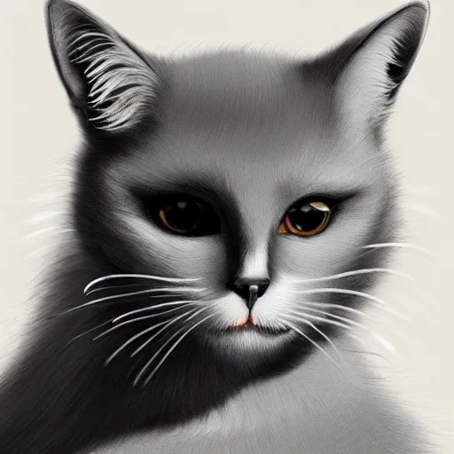 Image similar to a big indifferent looking dark grey cat with white belly, white paws and white face markings with long fur and fluffy tail sitting, intricate, elegant, highly detailed, digital painting, artstation, concept art, matte, sharp focus, illustration, art by Leonardo da vinci