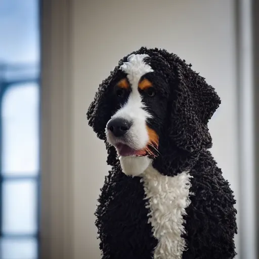 Image similar to a closeup photorealistic photograph of a cute smiling knitted bernedoodle judge dog dressed in a black gown, presiding over the courthouse. indoors, professional capture, well lit shot. this 4 k hd image is trending on artstation, featured on behance, well - rendered, extra crisp, features intricate detail, epic composition and the style of unreal engine.