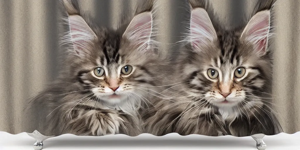 Image similar to a maine coon kitten artwork themed shower curtain, shower curtain. digital art. product photography. product lighting. 4 k, highly detailed. saturated. toy story ( film ).