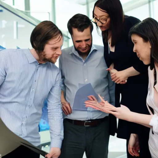 Image similar to An award-winning photograph of a group of data scientists presenting some terrible graphs to the laughing CEO