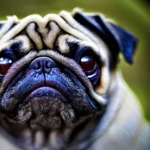 Image similar to closeup of a pug with moss growing out of its face folds, macro photography, overgrown pug, high resolution photo, trending on artstation