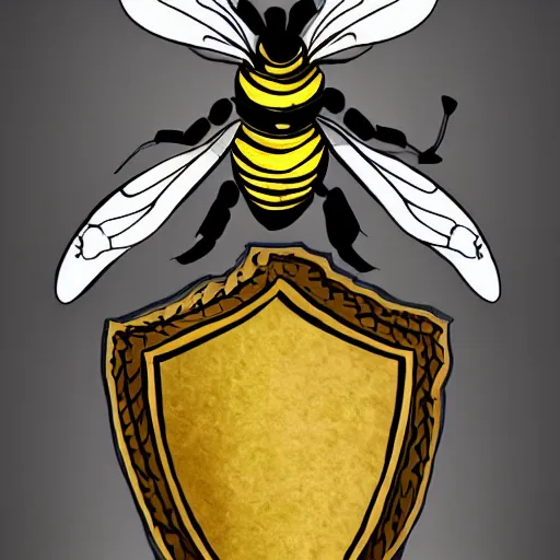 Prompt: An warrior bee fursona in heavy plate armor with a shield and long sword