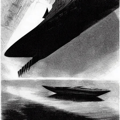 Image similar to a black and white photo of a boat in the water, concept art by hugh ferriss, behance contest winner, symbolism, lovecraftian, concept art, official art