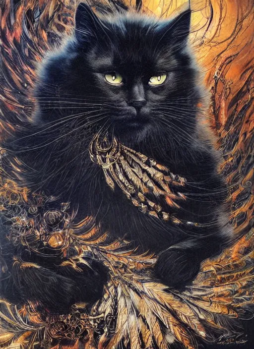 Image similar to a big black cat, rare specimen, with feathers instead of fur!!!!!! by karol bak, magnificent, ultra detailed,