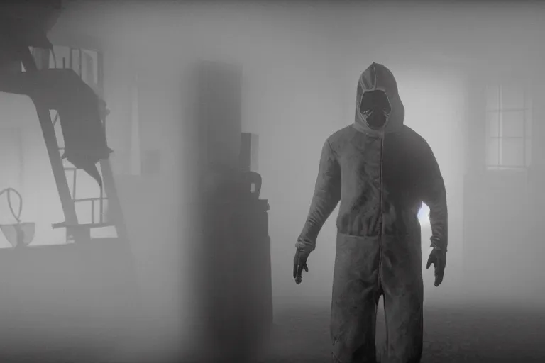 Image similar to a cinematic portrait of a prisoner dressed in a a black and white hazmat suit in a small prison cell, red dead redemption 2, dust storm, annie leibovitz and zack snyder, 8 k, hd, high resolution, 8 5 mm, f / 1. 8