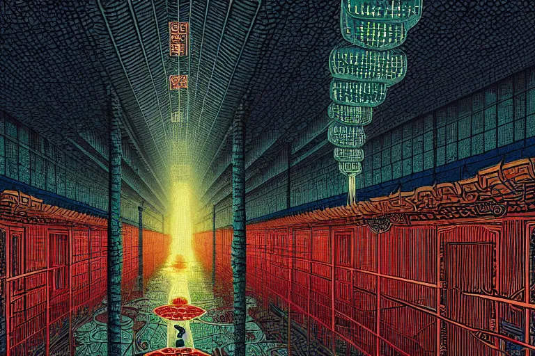 Image similar to artwork of a chinese prison by dan mumford and toshi yoshida and peter doig, symmetrical, vintage scifi, highly detailed, dramatic lightning,, 8 k