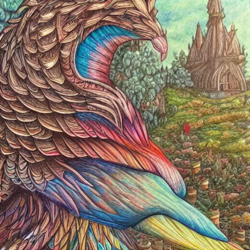 Image similar to Colored pencil art on paper, highly detailed, artstation, People, Animals, Magical Creatures, buildings, scenery, items, enchanted landscapes, PrismaColor