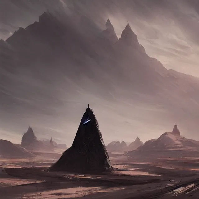 Image similar to a black spire rising up out of a desolate desert, by greg rutkowski, concept art, sci - fi concept art, cinematic lighting, highly detailed artwork, trending on artstation, movie concept art