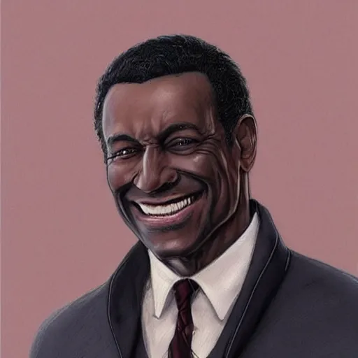 Prompt: portrait of a handsome, dark skinned man smiling brightly, in his 5 0 s with salt and pepper hair and sharp cheekbones, dressed in expensive clothes, detailed face, smooth, sharp focus, graphic novel, art by artgerm and greg rutkowski and pepe larraz,