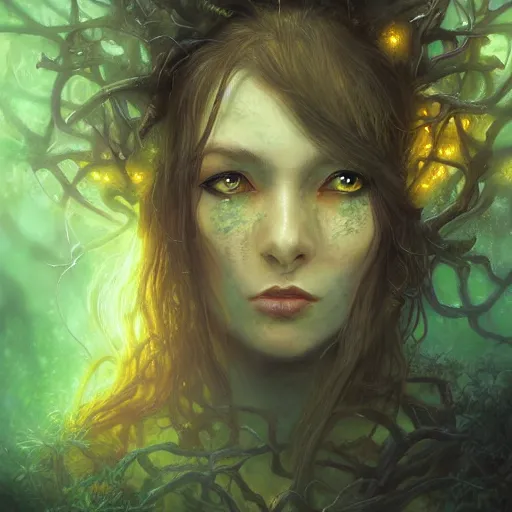 Image similar to portrait of a dryad, inspired by brian froud, inspired by dungeons and dragons, mysterious, fierce expression, yellow catlike eyes, in an evening autumn forest, trending on art station, sunset evening lighting, anime, ominous shadows by jessica rossier