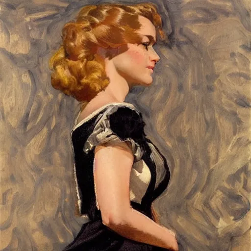 Image similar to woman on black dress, part leyendecker style, sea behind, pretty face, part dean cornwell style
