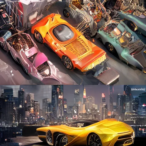 Image similar to car show several cars: motherboard forms designed by zaha hadid, sci-fi futuristic ultra realistic photography, keyshot render, octane render, unreal engine 5 lumen, high oiled liquid glossy specularity reflections, ultra detailed, golden hour, dramatic lighting 4k, 8k, 16k in the style ofblade runner 2049 Cyberpunk 2077 ghost in the shell thor 2 marvel film : tilt shift: sharp focus