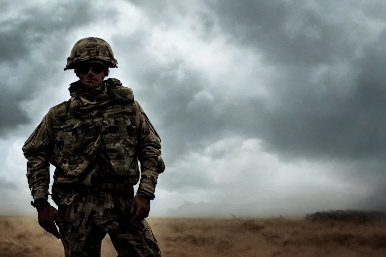 Image similar to a cinematic headshot photograph of a soldier, stormy weather, smokey, film still, cinematic, dramatic lighting, blue color theme, by zack snyder