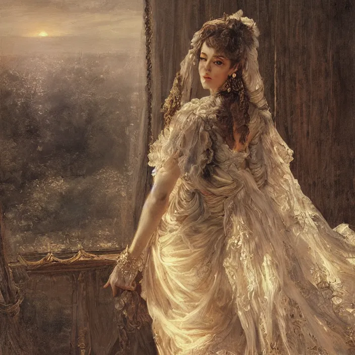 Image similar to longing look of a woman at sunrise, portrait, highly detailed, backlit, bourgeoise, extremely opulent, ornate art, pompous, ornamental, richly detailed, digital art by wlop, adolph menzel, carvaggio