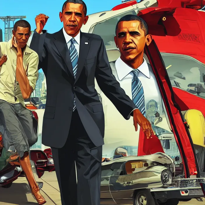Prompt: Barack Obama in GTA V, Cover art by Stephen Bliss, Boxart, loading screen