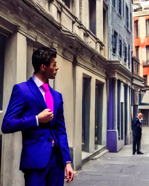 Image similar to man in dark blue suit with pink tie and purple shirt in the street hand on chin pondering, hyper realism, cinematic, volumetric lighting, intricate complexity, extremely detailed,