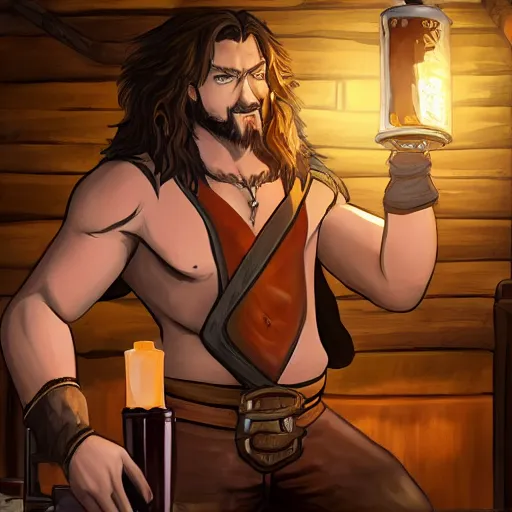 Image similar to Professional painting of Trevor Belmont from Castlevania, enjoying a pint of ale at a tavern, digital art, HDR, happily smiling at the camera, holding the pint of ale, sitting at the bar, warm lantern lighting.