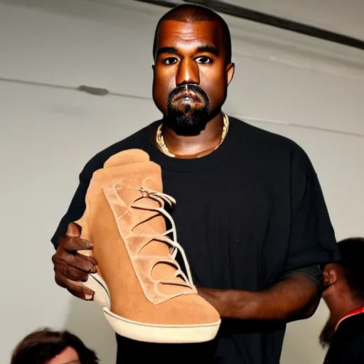 Image similar to kanye west holding a strange shoe and showing it to people