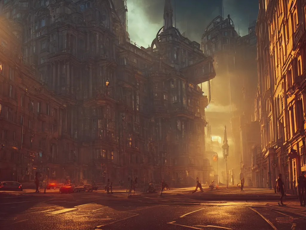 Image similar to an ancient beautiful cyborg of the elder gods in the city of London, London streets in background, colourful, dramatic lighting, golden hour, very detailed octane render very realistic beautiful