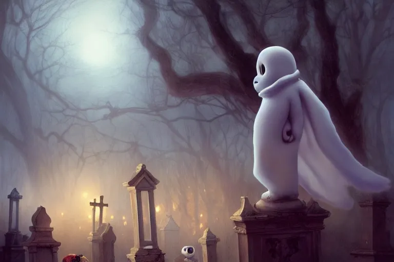 Prompt: casper the friendly ghost flying over a graveyard at midnight, playing with his weird looking ghost friends, cinestill, painted by james jean and gaston bussiere, very detailed and cute and cozy and transparent, backlight, fog, mist, trending on artstation