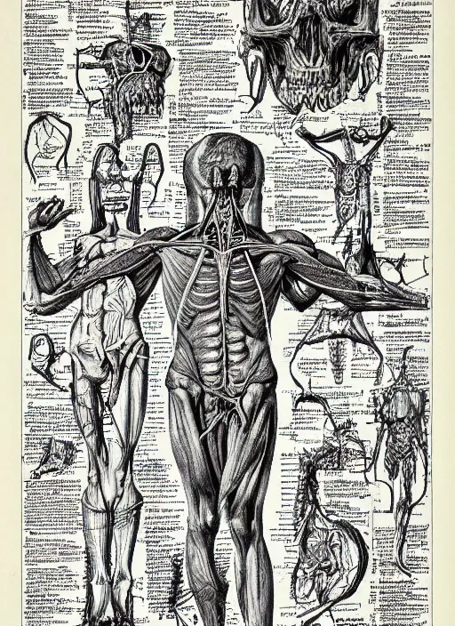 Prompt: a full page scan of detailed vintage illustrated anatomical drawing of how to raise the dead, handwritten, satanic, evil, grimoire page, necronomicon style