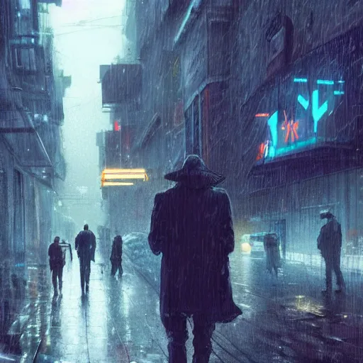 Image similar to a man standing in a cyberpunk street the men's casual walking the background is the cyberpunk city and it's raining by greg rutkowski