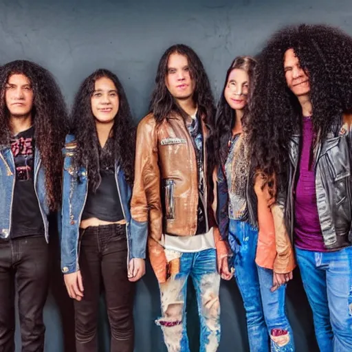 Prompt: Group of ethnically diverse 19-year-old boys and girls with long permed wavy brown hair and afros leather jacket and denim jeans, holding electric guitars, 2022, stoner rock, heavy rock, concert, live in concert, HD photography