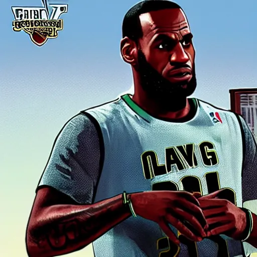 Image similar to lebron james in gta v cover art, sharp details, sharp focus