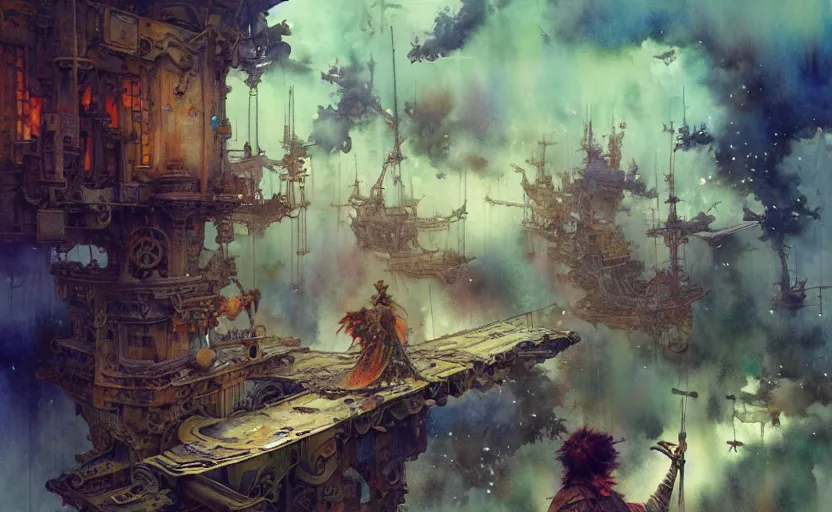 Image similar to airshps fleet, fantasy, steampunk. intricate, amazing composition, colorful watercolor, by ruan jia, by maxfield parrish, by marc simonetti, by hikari shimoda, by robert hubert, by zhang kechun, illustration, gloomy