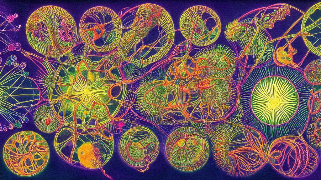 Image similar to quantum connections represented as symbiotic organisms like cells playing around with colorful lights by ernst haeckel, liquid